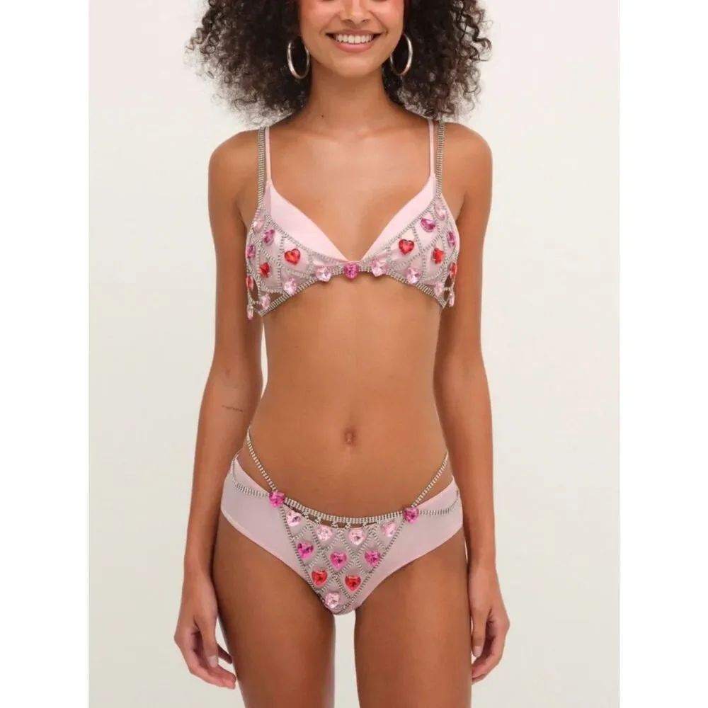 NWT For Love and Lemons Rhinestone Heart Crystal Bralette and Thong Set - XS/S